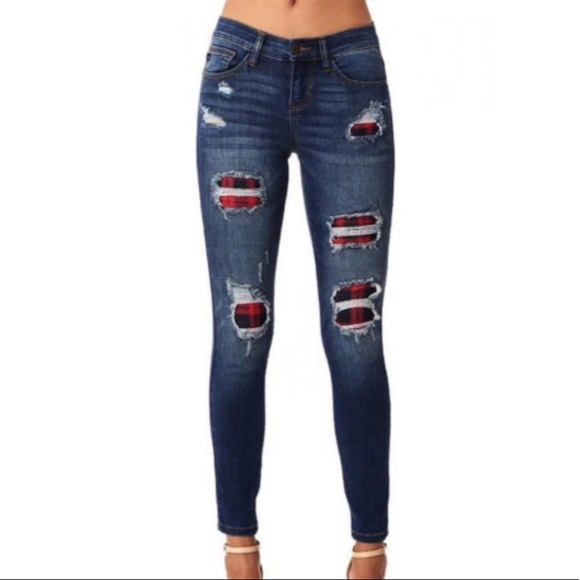 Private Label Denim - Patchwork Plaid Ripped Jeans
